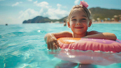 little girl relaxing on a ring floating in the turquoise sea, summer travel. - obrazy, fototapety, plakaty