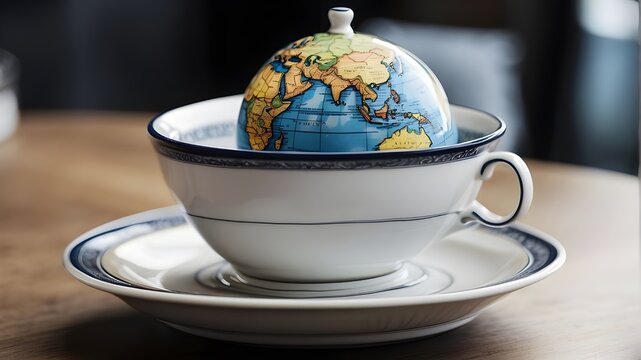 saucer, side, saucer, cup, globe, inside, it, resting, top, another, saucer, illustration, no people, food and drink, coffee cup, color image, coffee - drink, concepts & topics, global business, heat 