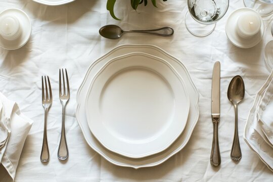 Panoramic view of a table set with white plates and silverware