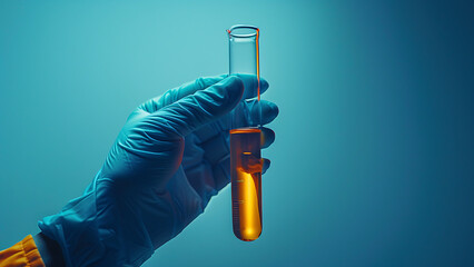 Scientist's hand holding glass test tube in research laboratory on blue background - obrazy, fototapety, plakaty