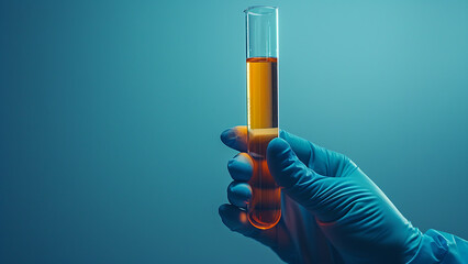 Scientist's hand holding glass test tube in research laboratory on blue background - obrazy, fototapety, plakaty