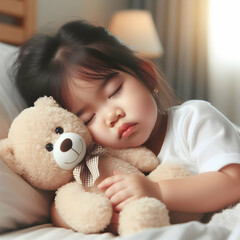 Photo real for Toddler Nap as Teddy Bear Comfort in World Sleep Day theme ,Full depth of field, clean bright tone, high quality ,include copy space, No noise, creative idea