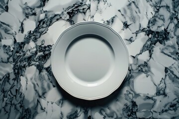 A white plate rests on a sleek marble counter in a wide-angle shot capturing the entire table setting