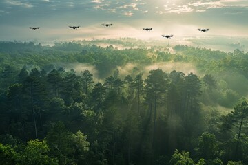 Multiple fighter jets soaring above a dense forest canopy in a wide-angle panoramic view - obrazy, fototapety, plakaty