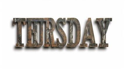 Rustic 3d wooden letters "THURSDAY" cut out on white background