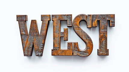 Rustic 3d wooden letters "WEST" cut out on white background