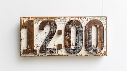 Rustic 3d wooden number "12:00" cut out on white background