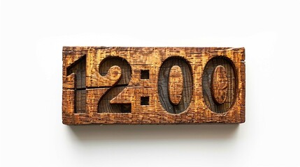 Rustic 3d wooden number "12:00" cut out on white background