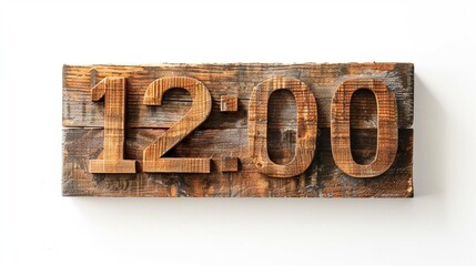 Rustic 3d wooden number "12:00" cut out on white background