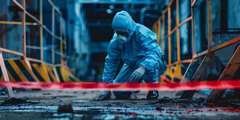 Scientist in protective gear investigates chemical spill with caution tape in closedoff area. Concept Chemical Spill Cleanup, Hazardous Materials, Safety Precautions, Contamination Investigation - obrazy, fototapety, plakaty
