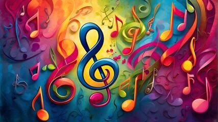 Background of vibrant musical notes with treble clef, disk, and sheet music. background, vibrant, musical, notes, treble, clef, disk, sheet, music, treble clef, rythm, creative, abstract, composition,