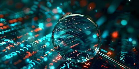Closeup of a magnifying glass over digital binary code symbolizing data analysis and cybersecurity research. Concept Data Analysis, Cybersecurity Research, Digital Technology, Magnifying Glass