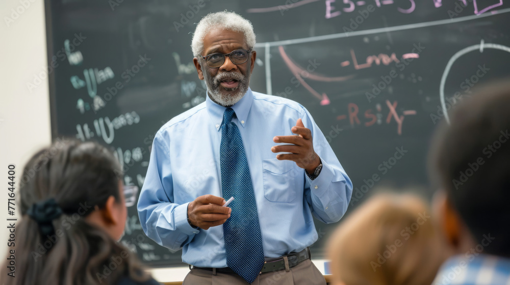 Poster a seasoned educator discusses complex topics with students in front of a chalkboard filled with form