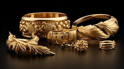 Gold plated bracelets necklaces set design pictures  - obrazy, fototapety, plakaty