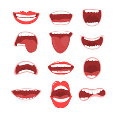 Fototapeta na wymiar Various open mouth options with lips, tongue and teeth. Smile with teeth, tongue sticking out, surprised. Funny cartoon mouths set with different expressions. Cartoon vector illustration