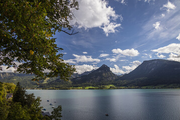 View of Lake Wolfgang (Wolfgangsee), and Salzkammergut mountain range, Austria