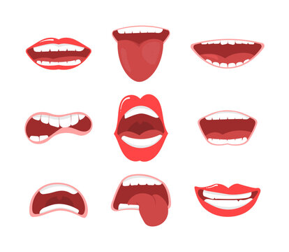 Various open mouth options with lips, tongue and teeth. Smile with teeth, tongue sticking out, surprised. Funny cartoon mouths set with different expressions. Cartoon vector illustration