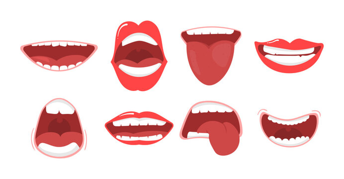 Various open mouth options with lips, tongue and teeth. Smile with teeth, tongue sticking out, surprised. Funny cartoon mouths set with different expressions. Cartoon vector illustration