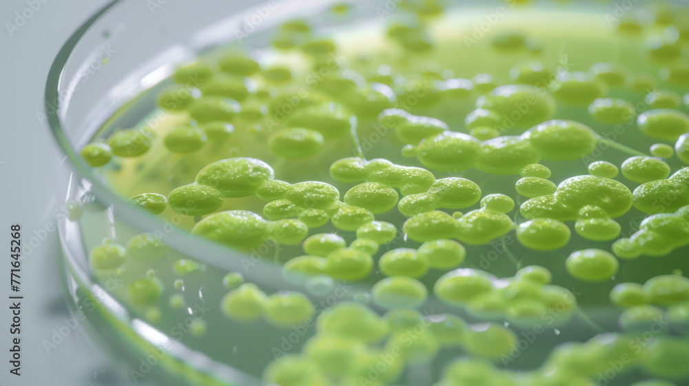 Poster petri dish with clusters of green microalgae under examination in a lab setting.