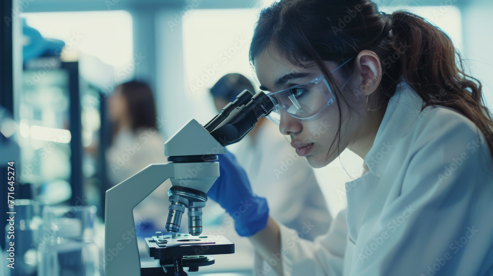 Poster a scientist is examining a specimen through a microscope in a modern laboratory setting.