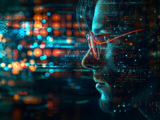 Fototapeta premium Cyber Professional: Serious Man in Glasses Surrounded by Futuristic Glow. The concept of virtual reality and cyberpunk.