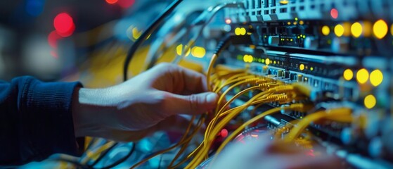 Network Engineer configuring a virtual network infrastructure close up on digital connections