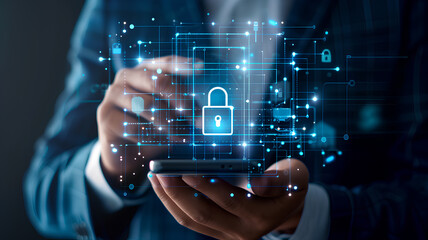 A person is holding a cell phone with a blue screen that has a lock icon on it. The person is touching the lock icon, which suggests that they are trying to unlock the phone