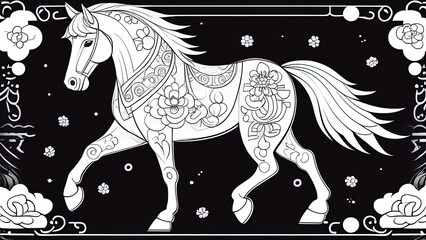 Chinese new year 2026 of the Horse. Greeting or invitation card for the holiday. illustration. coloring book