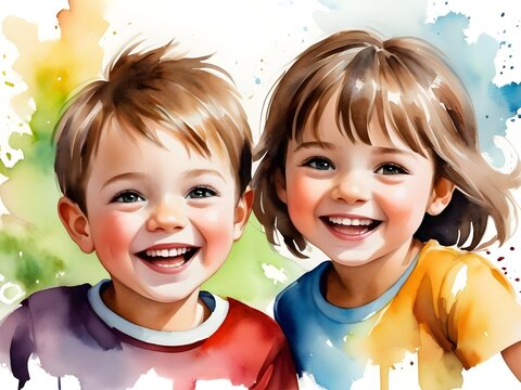 watercolor painting of happy laughing litte kids boy and girl,