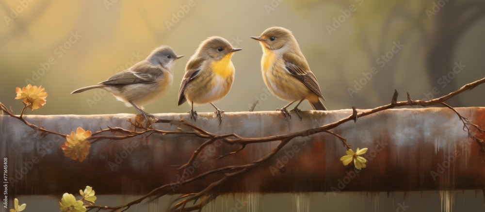 Aufkleber three songbirds are perched on a twig of a tree, with their colorful feathers on display. they chirp