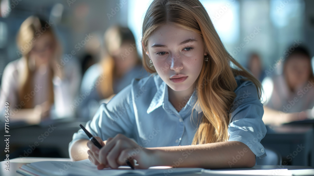 Poster student is writing an exam in a classroom setting.