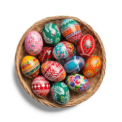 Easter Eggs in Basket with Colorful Decorations