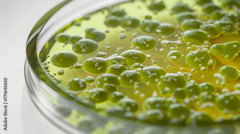 Poster petri dish with clusters of green microalgae under examination in a lab setting.