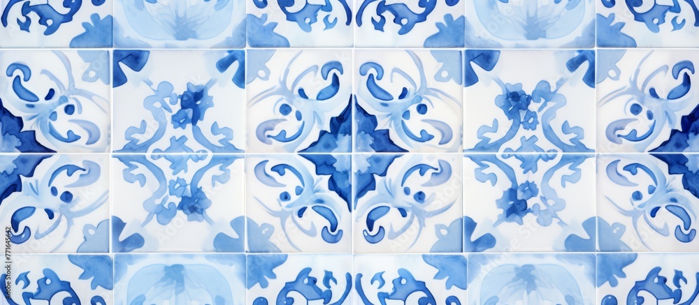 Aufkleber a blue and white tile featuring a symmetrical pattern in electric blue. the pattern consists of circ