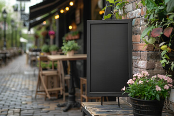 Empty black menu board mockup near restaurant or cafee entrance. Café menu on the street, advertising black mockup