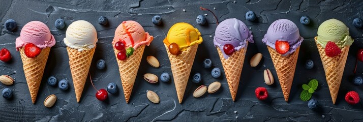 Obraz premium A row of colorful ice cream cones filled with an assortment of fresh fruits such as strawberries, kiwi, and blueberries