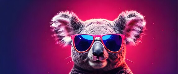 Vibrant neon background, a koala wears stylish pink sunglasses. Generative AI