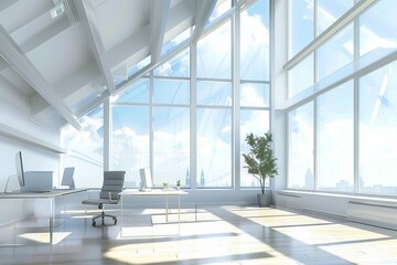 Fototapeta na wymiar Bright and airy open space office with large windows, ideal virtual background, digital illustration