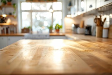 Blurred kitchen interior with warm light and wooden countertop, perfect for product display