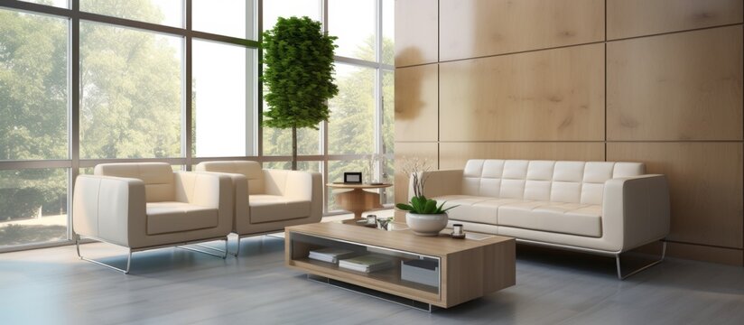 A cozy living room in a house with hardwood flooring, featuring a couch, chairs, and a coffee table. Large windows let in natural light, with a plant adding a touch of greenery