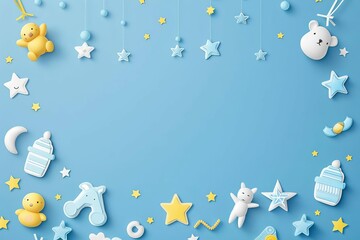 Blue background with adorable baby boy items and stars, vector illustration in cute paper art style