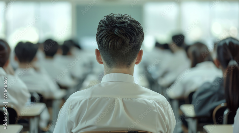 Poster a teacher's back view with rows of students in uniforms facing a blackboard.