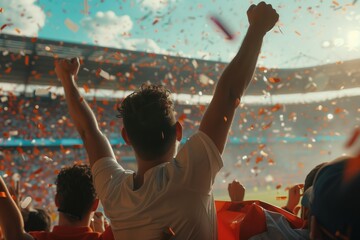 Happy and excited fans cheering in the stands, view from the back, in front of the stadium at a sports match