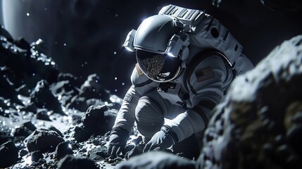 Miner extracting rare minerals on an asteroid robotic drills and zero gravity environment - obrazy, fototapety, plakaty