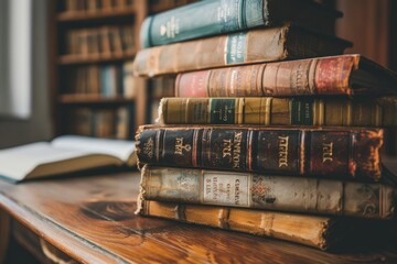A stack of vintage books resting on a wooden table, showcasing a nostalgic and intellectual scene for bookworm-themed desktops - obrazy, fototapety, plakaty