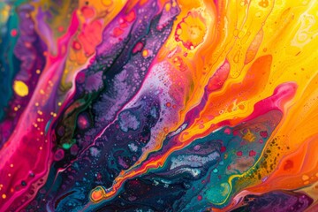 Detailed view of a vibrant and dynamic abstract artwork created with colorful liquid paints
