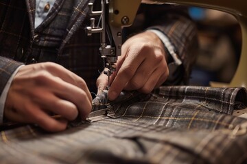 A close-up perspective of a tailors hands working on a sewing machine to create custom-made clothing items based on fashion - obrazy, fototapety, plakaty