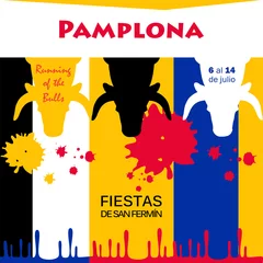 Rolgordijnen Spain fiestas Bullfighting abstract poster. Spanish San Fermin Festivals wallpaper. Running of the bulls main attraction famous celebration Pamplona fiesta Bullfight firework matador Corrida arena art © sofiartmedia