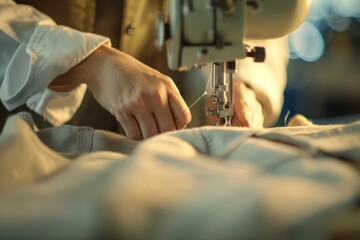 A closeup perspective of a tailors hands expertly working on a sewing machine to create custom-made clothing items based on fashion trends