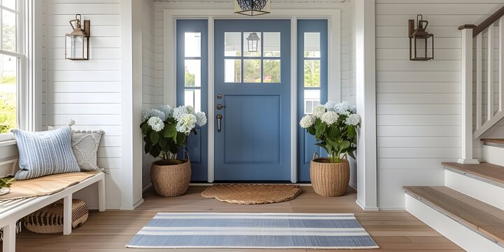 Shiplap walls, a natural fiber rug, and a glorious blue door 